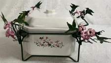 Serving Dish Hummingbird 7 pc Set White Floral Square Lid with Metal Wire Stand