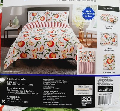 4pc KING Peaches Reversible Quilt & Shams Set with Tote Mainstays Farmhouse