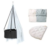 Ausstellungsstück Leander Wiege grau + Schleier blau + Betttücher blau + Auflage