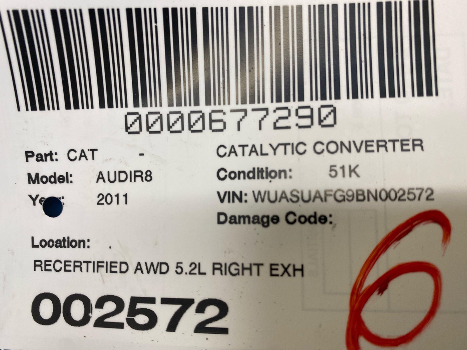 2011 AUDI R8 RECERTIFIED AWD 5.2L RIGHT CATALYTIC CONVERTER U/VGA/420131090/0311