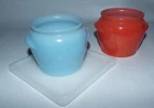 2 Vintage Glassbake Honey Whip Jars Bean Pots Milk Glass with Trivet Blue Red