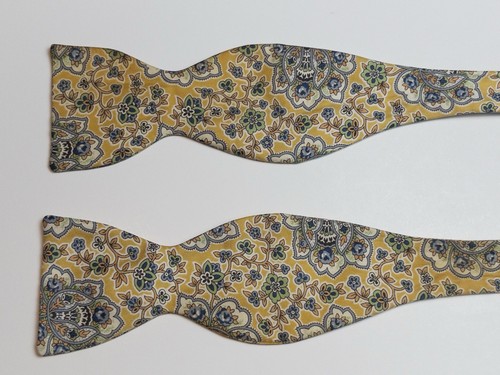 Men's Mustard Yellow Floral Paisley 100% Silk Self-Tied Bow Tie 2.8”W - Picture 2 of 3