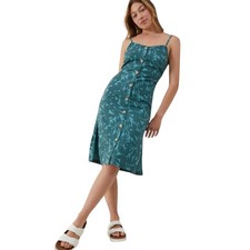UpWest Button Front Midi Dress Green Leaf Print Eco Hemp Blend Sundress Beachy M