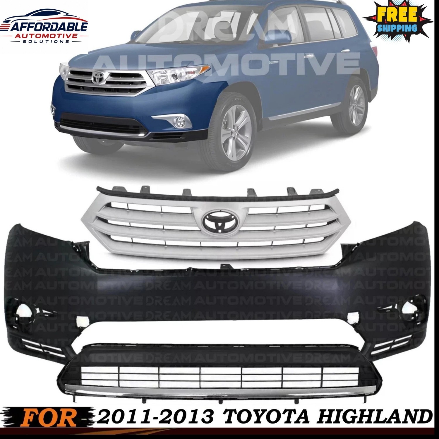 Front Bumper Cover Fascia & Grille Assembly Chrome For 2011-2013 Toyota Highland