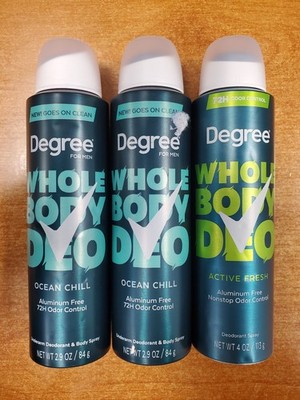 3 Cans: Degree Mens Whole Body Deo Spray Ocean Chill/Active Fresh 2.9oz ea E4C