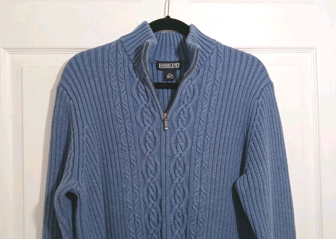 Lands' End 1/4 Zip Cable Knit Sweater Size XL  Blue Preppy Classic