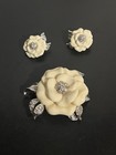 Vintage Nolan Miller White Lara Camellia Flower Brooch & Clip On Earrings Set