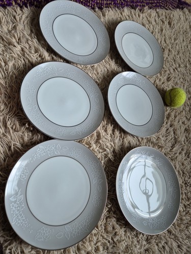 Noritake Japan Damask Classic Elegant Side Plates 21cm X6 Grey White Silver - Picture 2 of 5