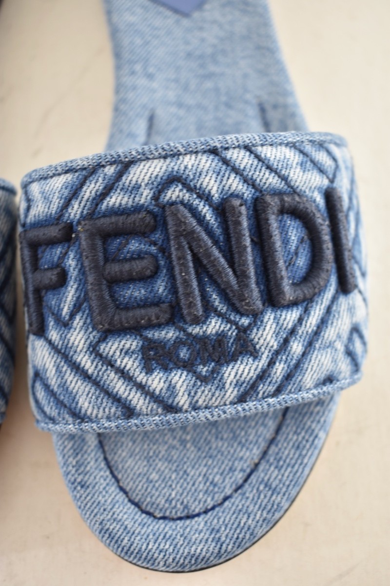 Fendi Blue Denim Signature FF Monogram Logo Mule Slide Flat Flip