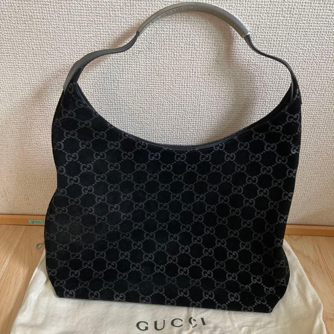 Gucci Tote Bag Black Suede Large Capacity Vintage Authentic