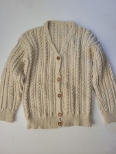 Vintage Cream Knit Wool Fisherman Sweater Cardigan Cable Knit V Neck