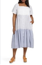 Madewell Patchwork GinghamButton Front Tiered MidiDress In Distant Lavender