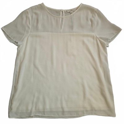 Halston Women's Large Chalk White Sheer Short Sleeve Blouse