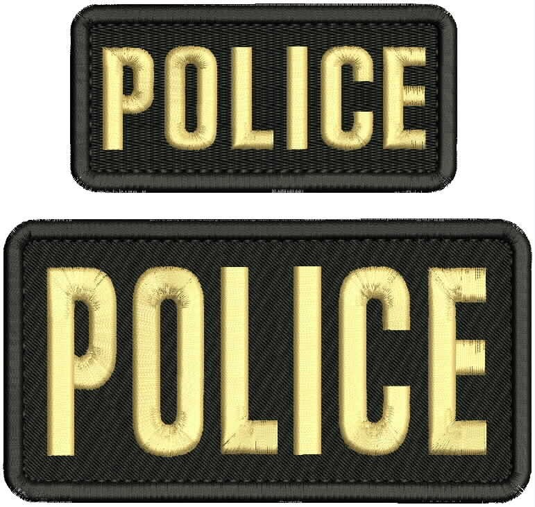 POLICE EMBROIDERY PACHES 3X6 AND 2X4.5 HOOK ON BACK TAN ON BLACK