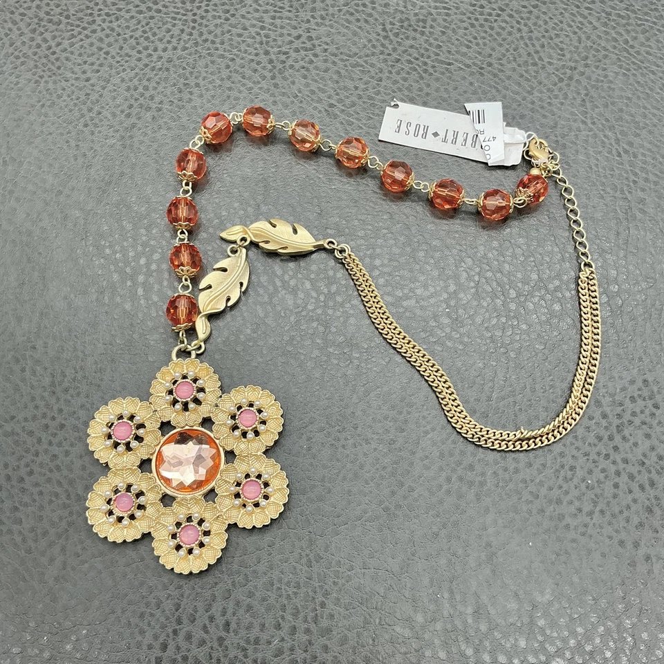Collar Robert Rose Distintivo Tono Dorado Floral Colgante Naranja Rosa Cuentas Hojas Foto 2 de 4