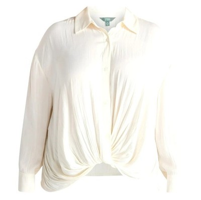 TERRA & SKY Twisted Front 3X Plus 24W-26W Winter White Button Shirt Blouse