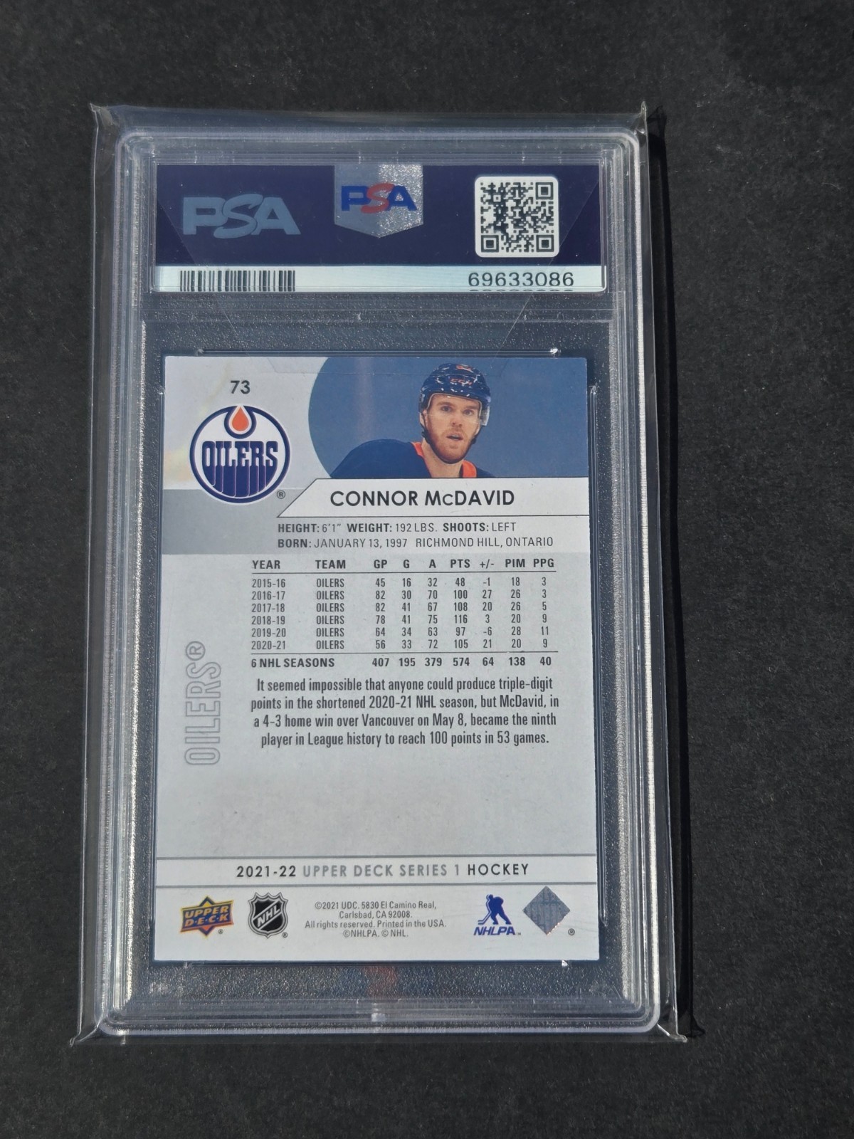 2021 Upper Deck UD #73 Connor McDavid PSA 10 GEM MT view 2