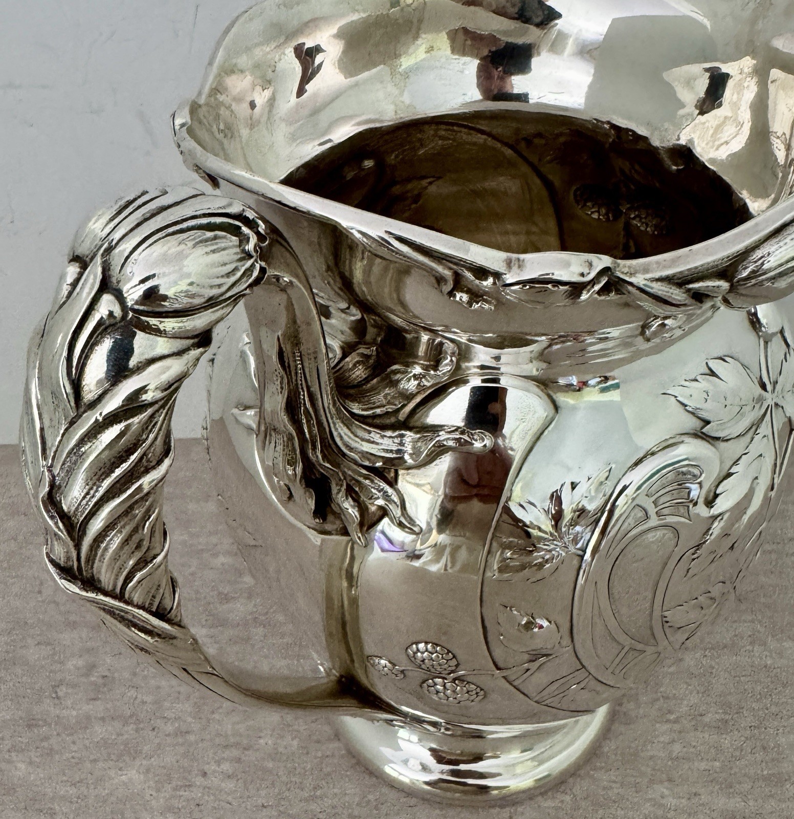 DOMINICK HAFF STERLING ART NOUVEAU WATER PITCHER CHASED RASPBERRY BRANCHES 50OZT