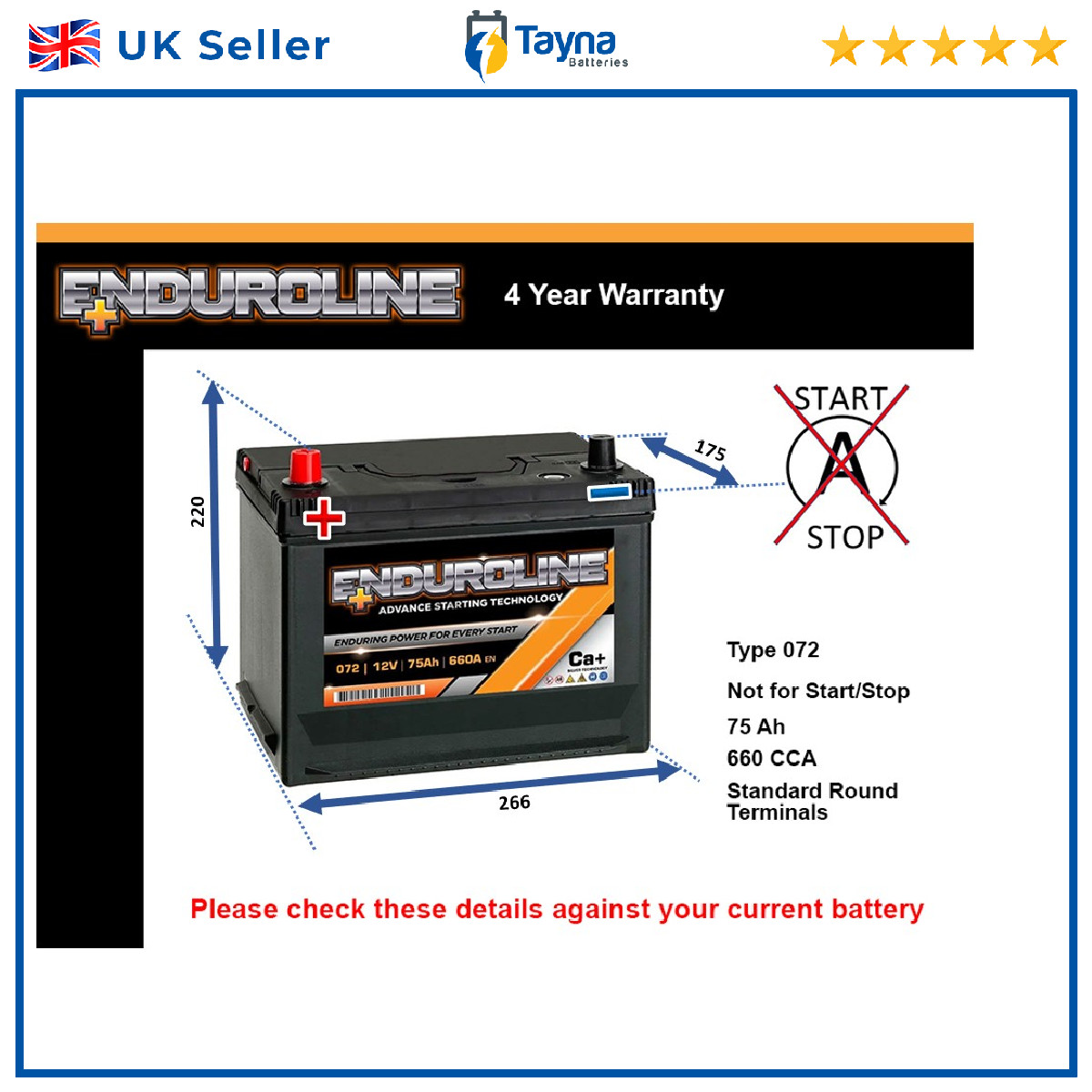 Car Battery 072 Enduroline 072 660A 75Ah 4Yr Warranty 266x175x220
