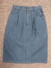 Vintage OshKosh Denim Skirt Womens 8 Blue High Waist Midi Pleated 90s Pockets