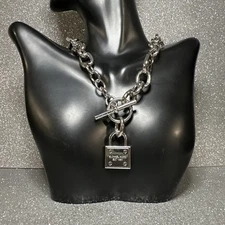 Michael Kors Silver Tone Padlock Chain Necklace Toggle Clasp