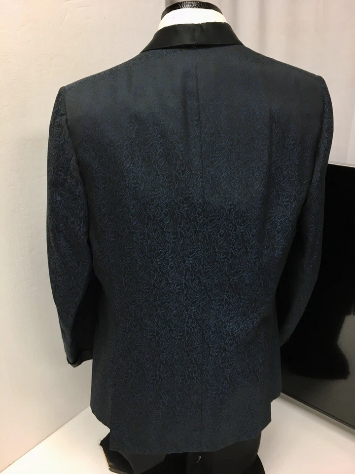 复古 50 年代 Lord West Rockabilly 蓝色丝绸 SHARKSKIN Tuxedo 大衣 吸烟夹克 42 — 第 2/4 张图片