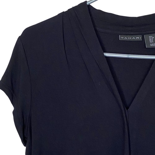 Tahari Womens Black Short Sleeve V-Neck Blouse Pleated Detail Size Small - Picture 3 of 5