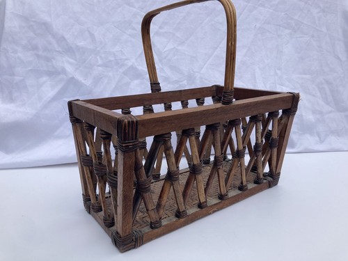Vtg Rattan Bamboo Mid Century Wicker Tote Carrier Basket Tiki Boho Bentwood - Picture 6 of 24