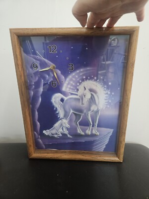 Vintage 1980 s Retro Quartz Mystical Unicorn Shadow Box Wall Clock -Works Well