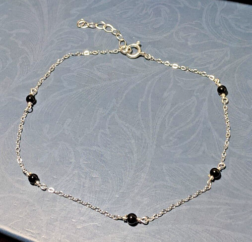 Sterling Silber ONYX Perlen Station Fußkettchen - verlängert auf 10 Zoll - UVP: $30