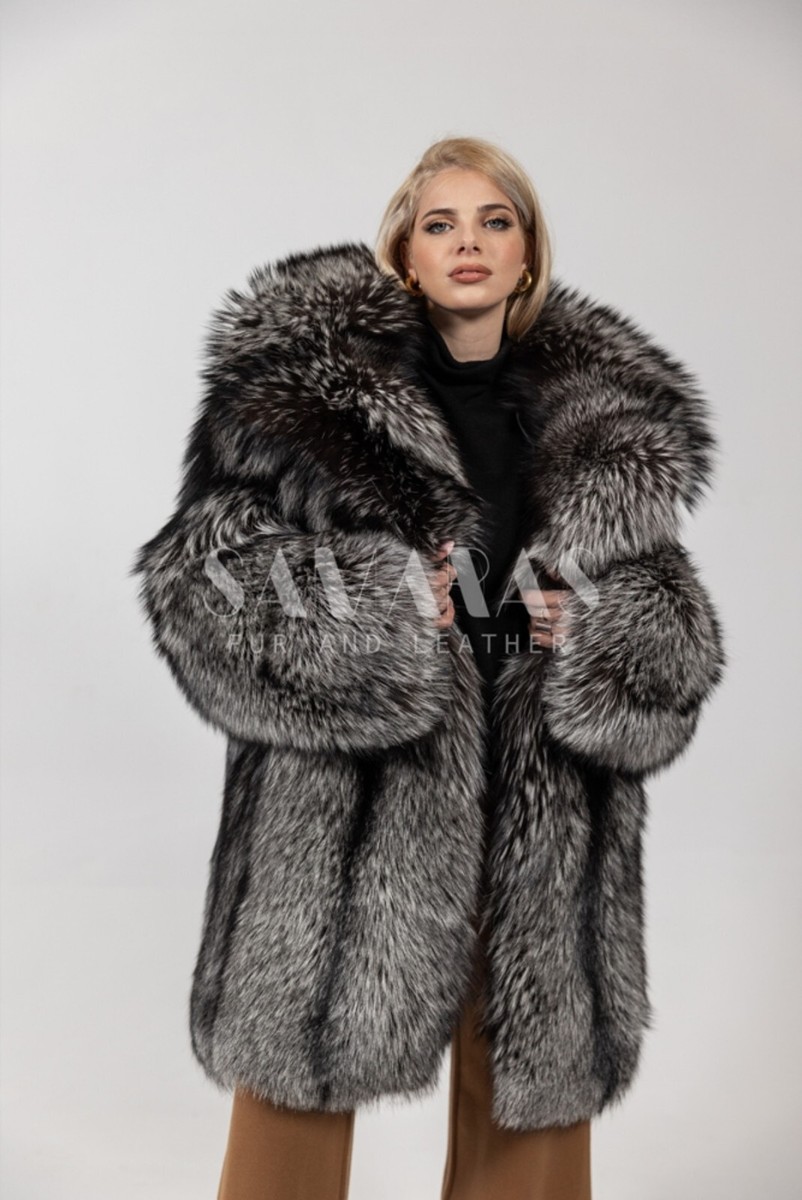 LUXURY SILVER FOX set jacket and hat ,fox fur coat with Whole