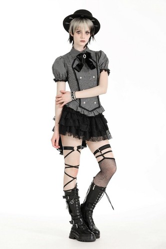 Dark In Love Women Gray Gothic Academic Striped Double-Breasted Blouse Slim Top - Picture 4 of 21