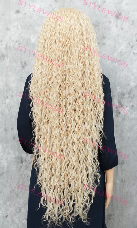 Light Blonde Extra Long Spiral Curls Lace Front Human Hair Blend Wig EVGP - Image 4 of 4