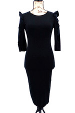 Zara Trafaluc Women Dress Small S Black Bodycon Ruffle Ruched Long Sleeves Midi