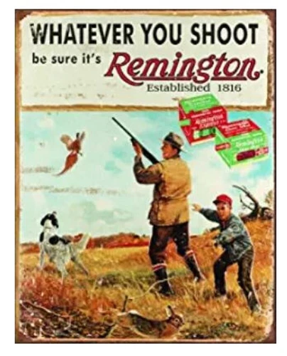 REMINGTON TIN SIGN RIFLES AMMUNITION SHELL FIREARMS SHOTGUN MAN CAVE 1.00 POSTER