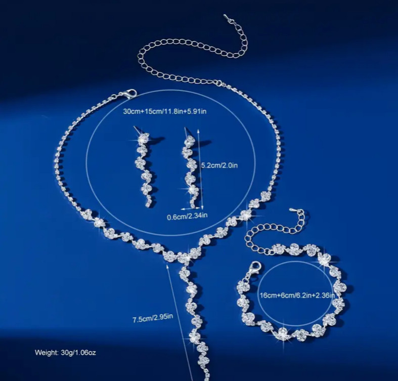 Elegant Rhinestone Necklace Choker Earrings Bracelet Lariat 4PC Set Bride Jewels