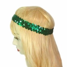 Women Green Stretch 1" Sequin Sparkle Elastic Headband Cheerleader Team Sports