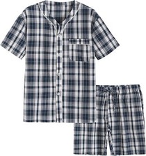 Men's Summer Cotton Pajama Shorts Set Lightweight Breathable Sleepwear Pocket