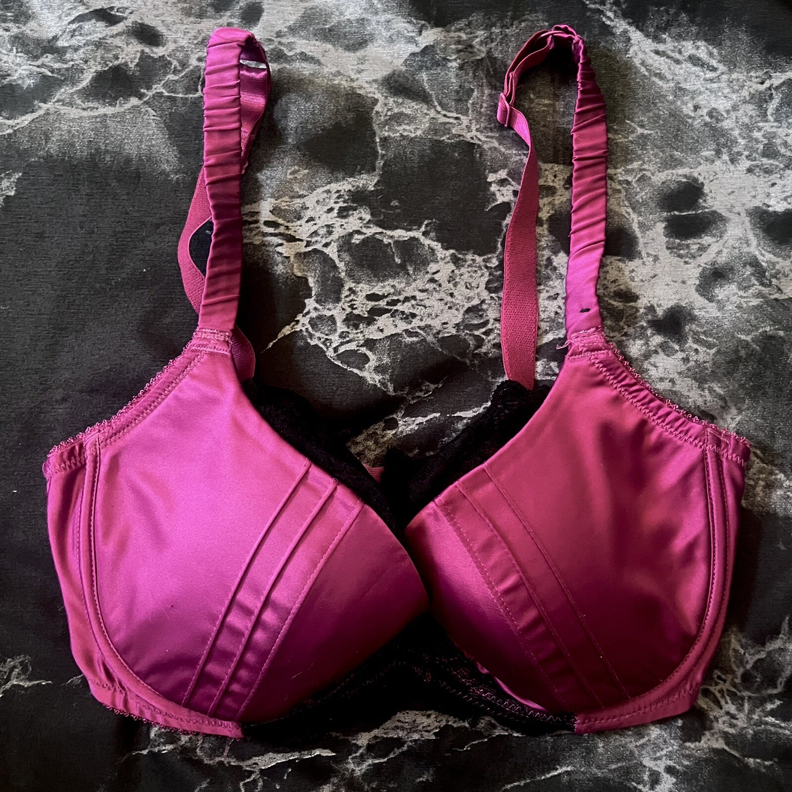 Magenta Pink Satin Lightly Padded Push-up Bra Black Lace Size 32F ...