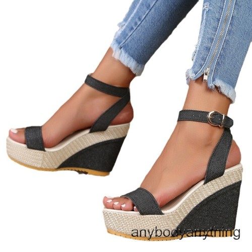 Mujeres Zapatos de Cuña Verano Punta Abierta Correa al Tobillo Plataforma Tacón Alto Sandalias de Playa - Imagen 18 de 25