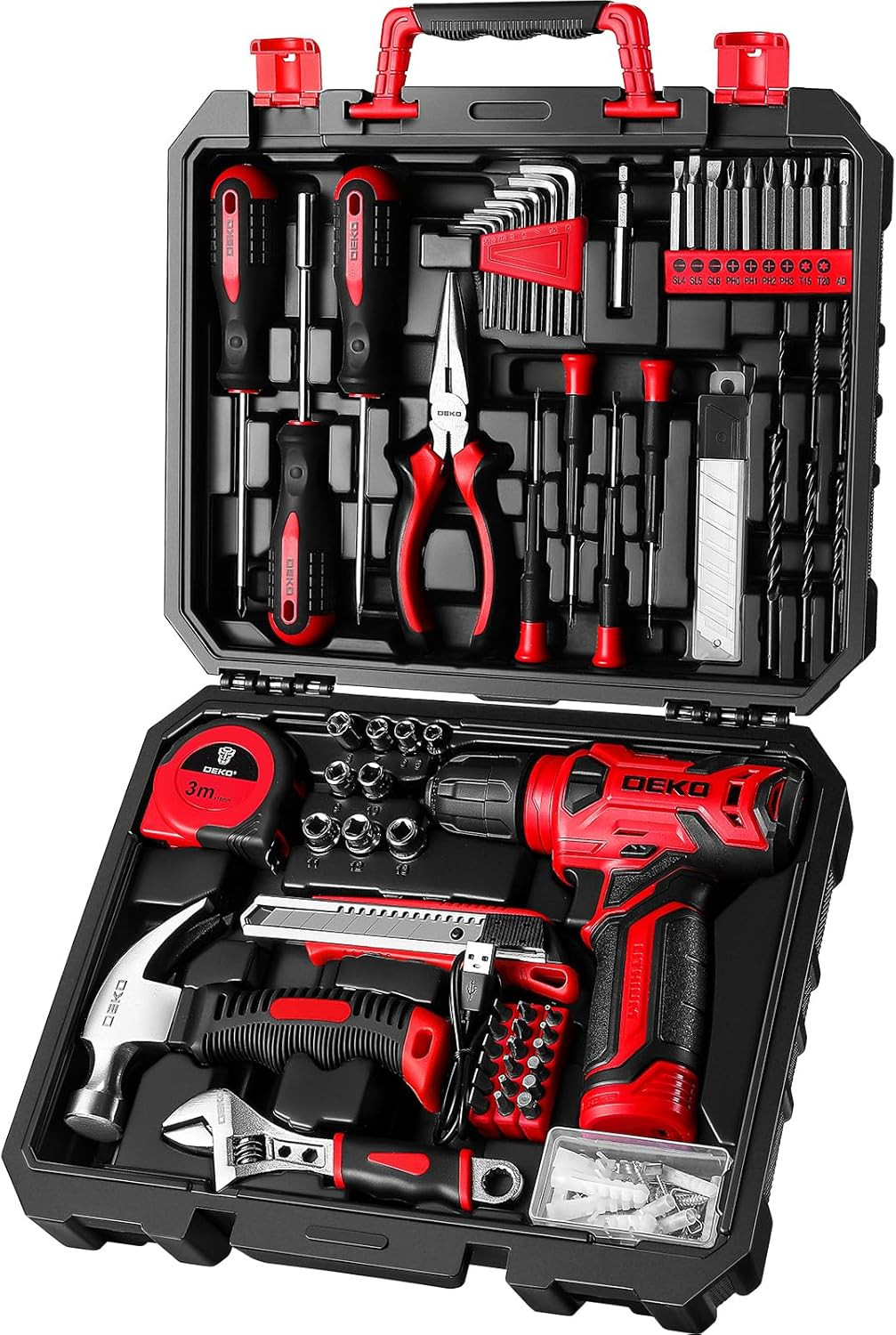 Set: Tool Set With 8v Red Cordless Drill, Home Tool Kit With
