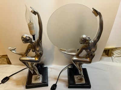 VTG PAIR ART-DECO 1984 NUDE Lady Frankart Style Lamps BY MANN SILVER 1 W/O Disc