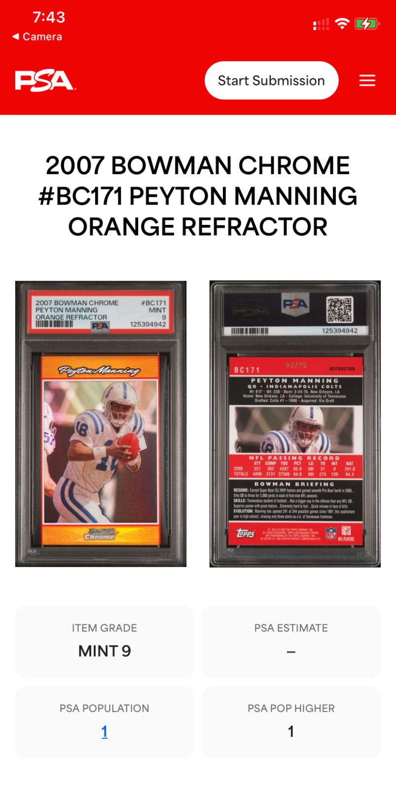 Peyton Manning 2007 Bowman Chrome Orange Refractor PSA 9 MINT #07/25 POP 1 RARE view 3