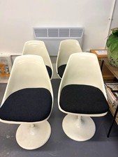 Set of 11 White Dining Chairs with Black Upholstered Seats, Plastic/Metal Frame