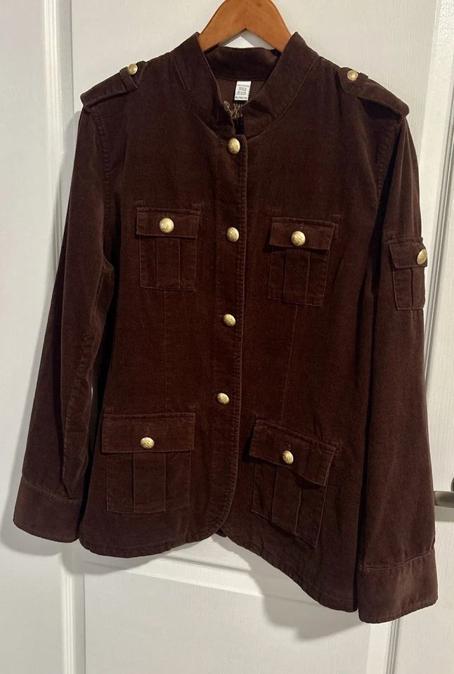 Винтажная женская военная универсальная куртка Izod XL хлопок коричневая с карманами на пуговицах - Изображение 2 из 4