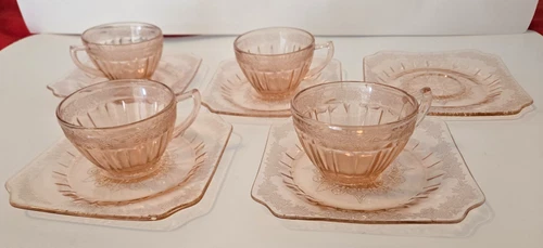 Jeannette Glass Co Depression Glass Pink Adam Pattern 4 Cups & 5 Saucers