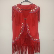 Red Fringe Rodeo Suede Vest Vintage Boho Western Tassels Made in USA Size large