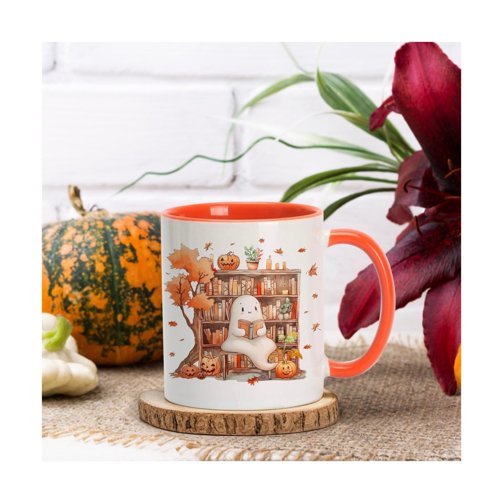 Hyturtle Fall Halloween Coffee Mug - Cute Ghost Reading Book Mug - Maple Leav...