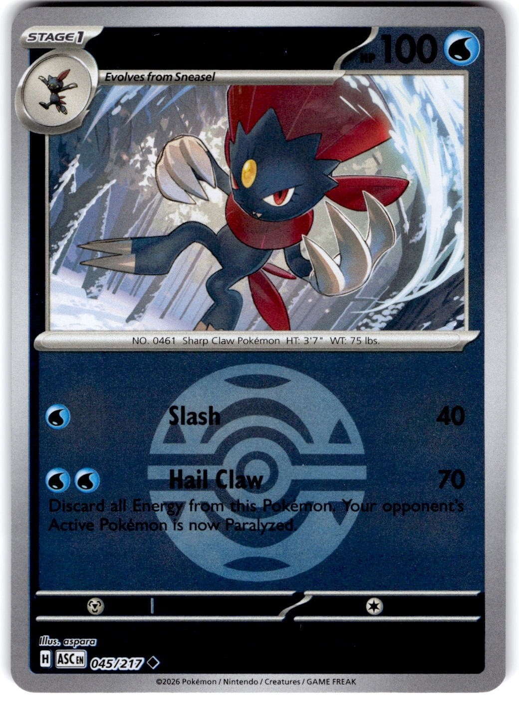 Pokemon Weavile Ascended Heroes 45/217 Pokeball Holo Near Mint English