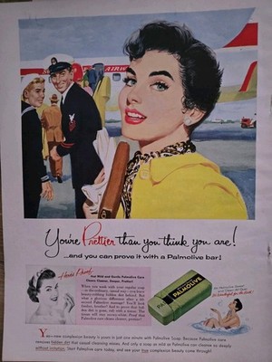 1957 Palmolive Green Soap brunette and airplane pilot boy sailor vintage Ad